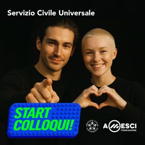 Immagine del Bando di Servizio Civile con loghi Servizio Civile Universale e Amesci e con la scritta: START COLLOQUI!